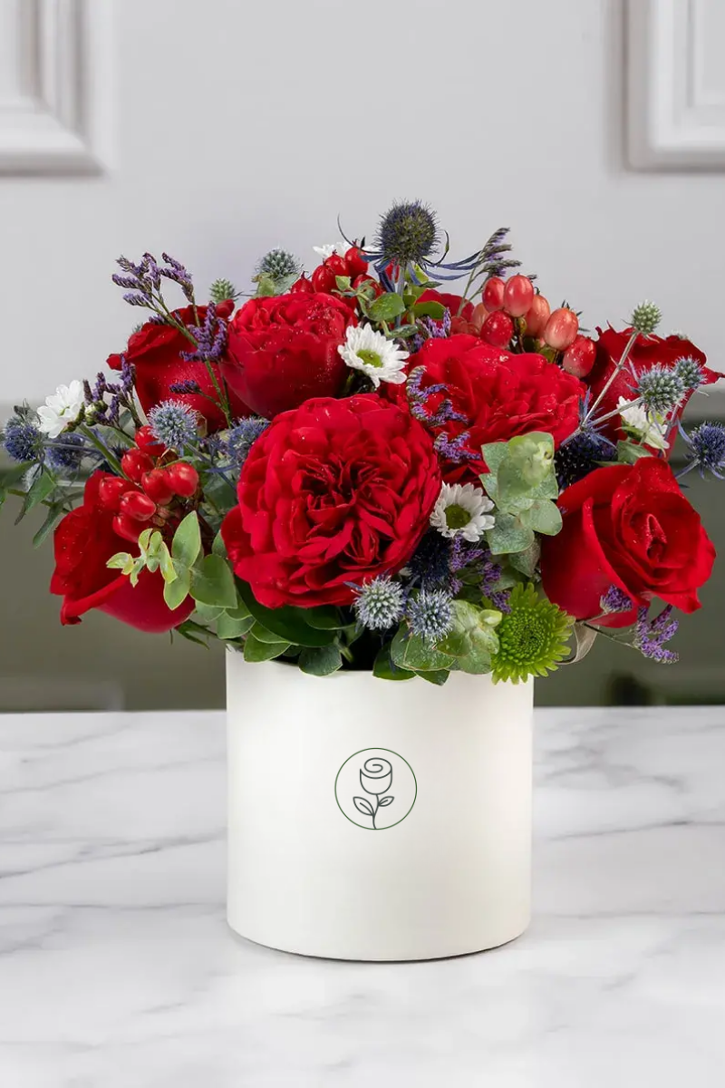 Red Roses and Mixed Flowers Arrangement in White Box