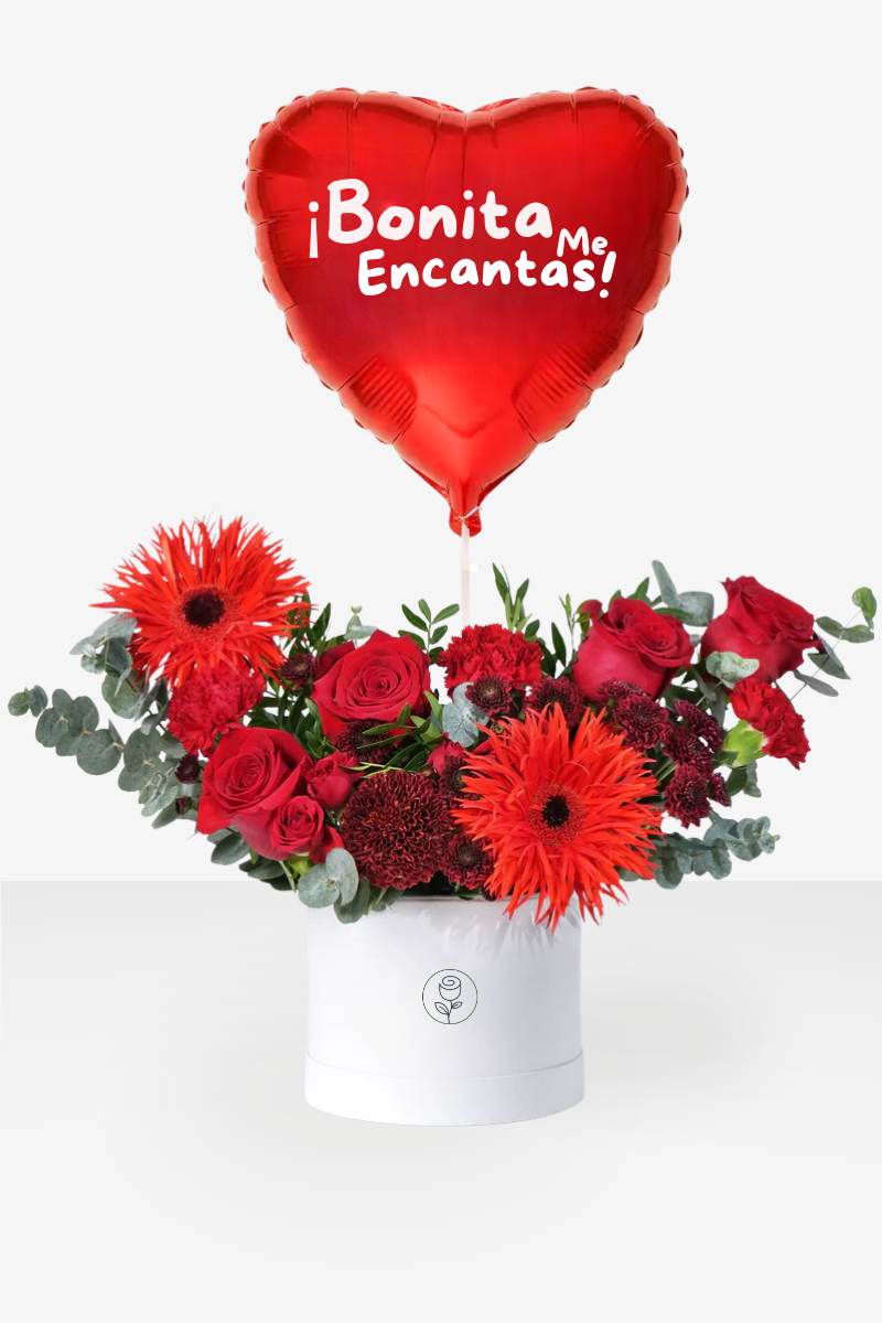 Red Roses and Gerberas Box Arrangement with Heart Balloon