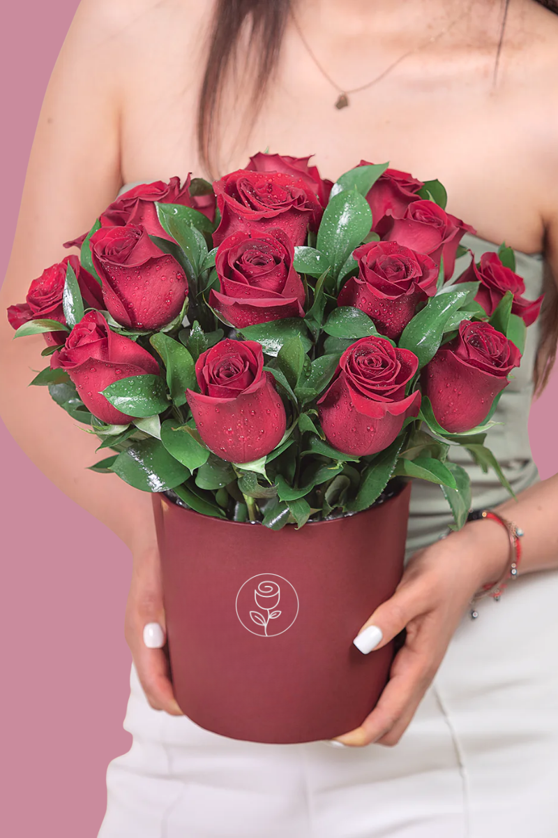 Arrangement of 12 Red Roses in Red Box