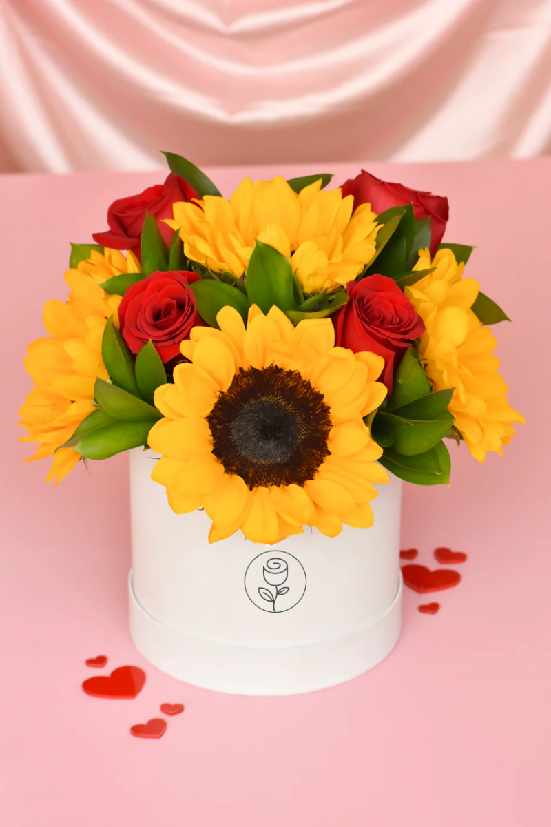 Sunflowers and Red Roses Arrangement in White Box