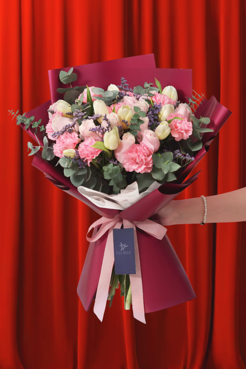 Bouquet of White Tulips, Pink Carnations, and Pink Roses with Eucalyptus - Capital Flores with same-day home delivery