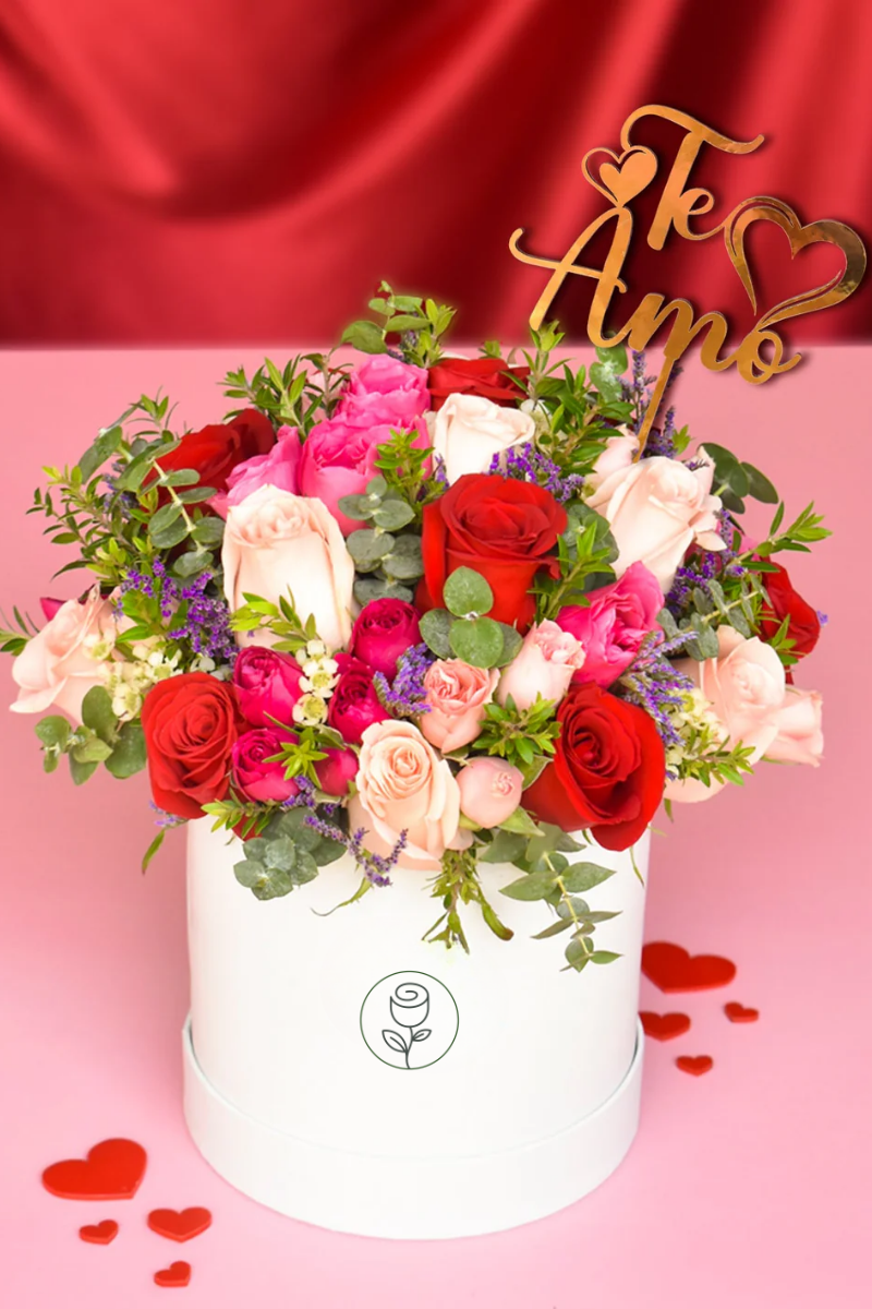 Box of Red, Pink, and Peach Roses with 'Te Amo' Topper - Capital Flores with same-day home delivery