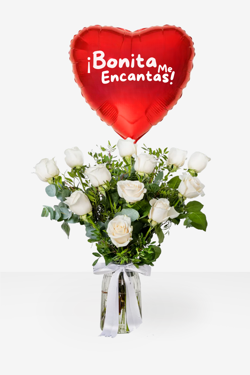 Arreglo de Rosas Blancas en Florero con Globo "¡Bonita Me Encantas!" - Capital Flores con envío a domicilio hoy