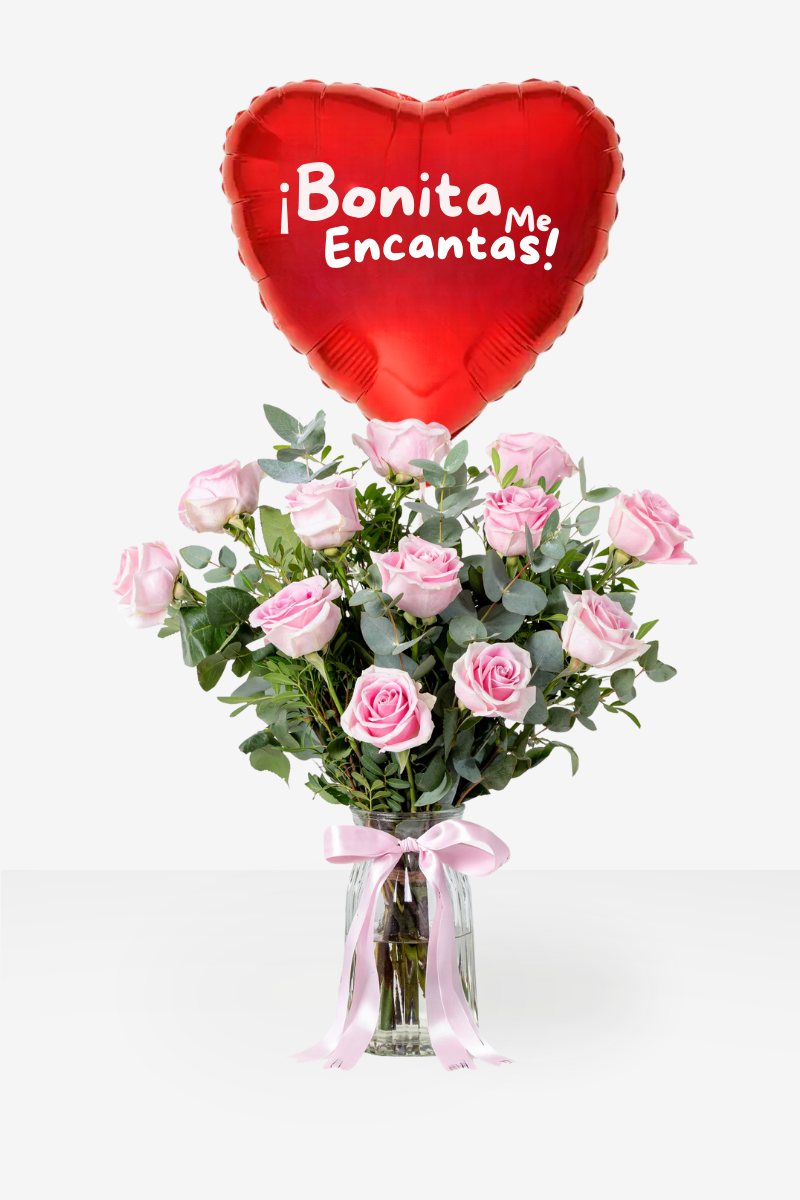 Ramo de Rosas Rosas en Florero de Cristal con Globo Corazón