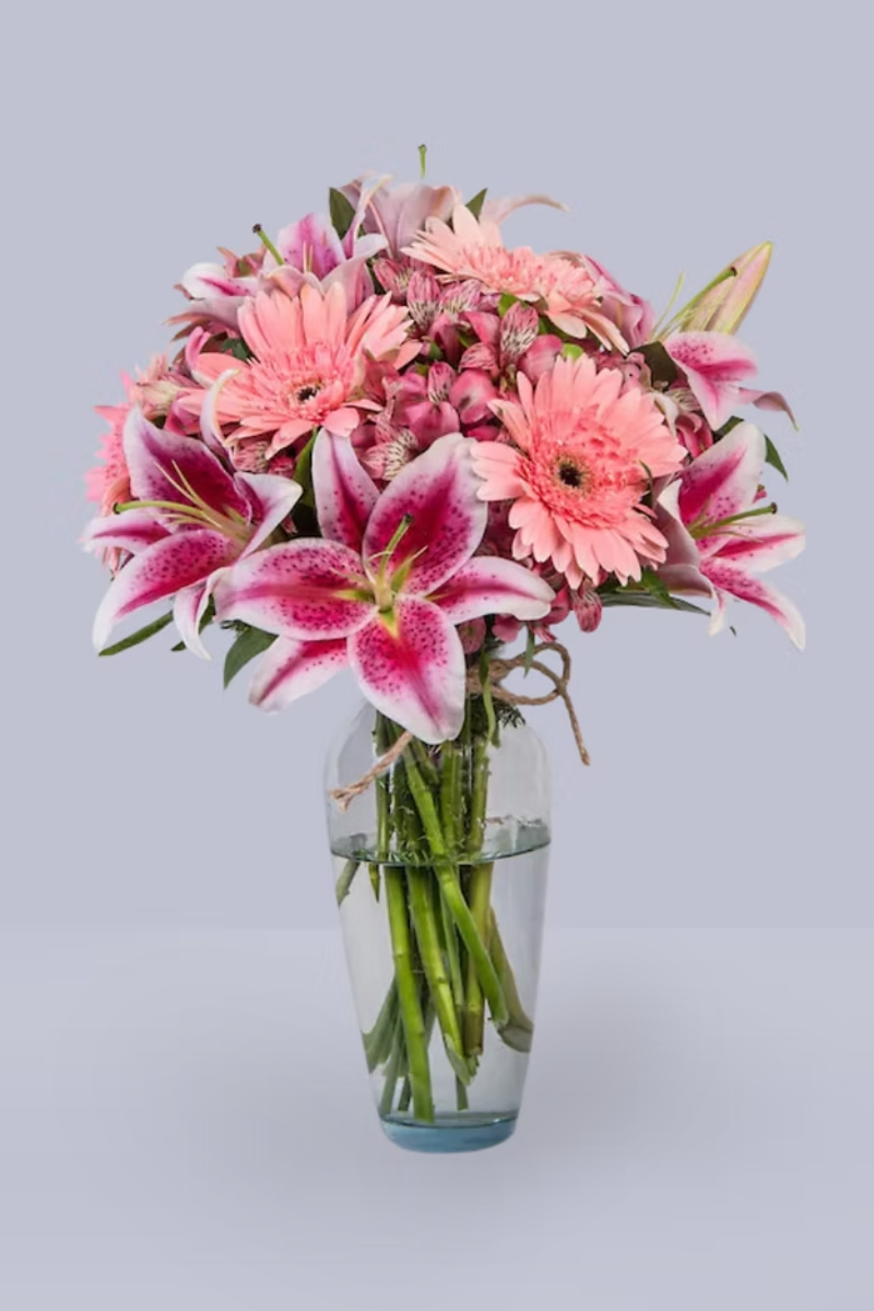 Pink Lilies, Pink Gerbera Daisies, and Alstroemeria Arrangement in Glass Vase - Capital Flores with same-day home delivery