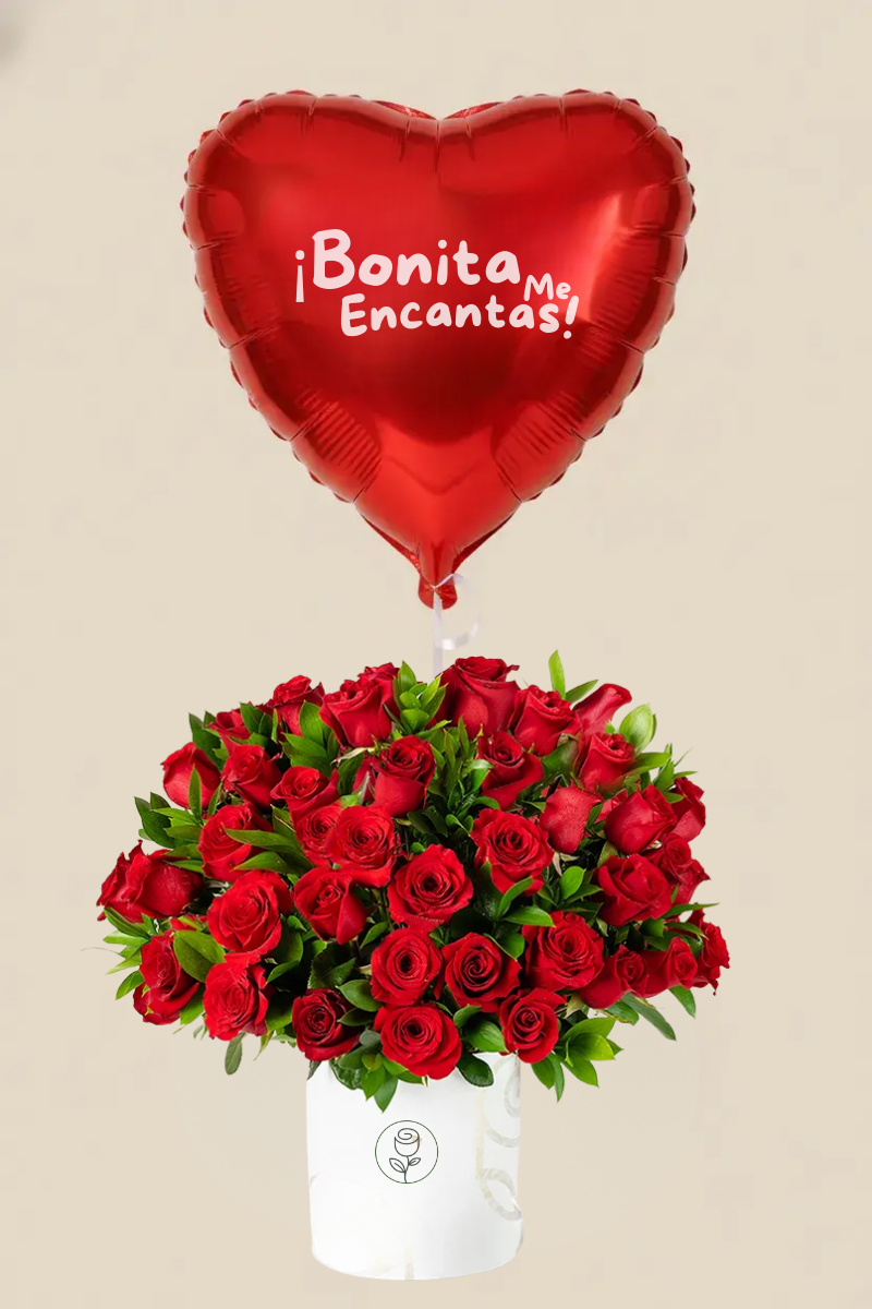 Arreglo de 50 Rosas Rojas en Caja Blanca con Globo de Corazón - Capital Flores con envío a domicilio hoy