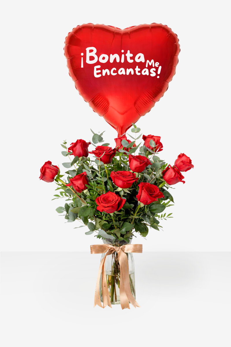 Ramo de 12 Rosas Rojas en Florero con Globo