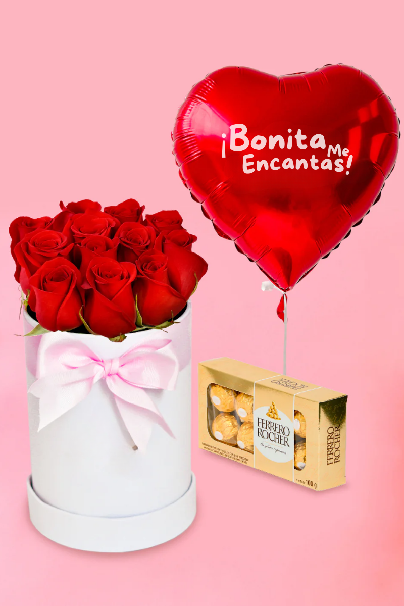 Rosas Rojas en Caja con Globo y Chocolates