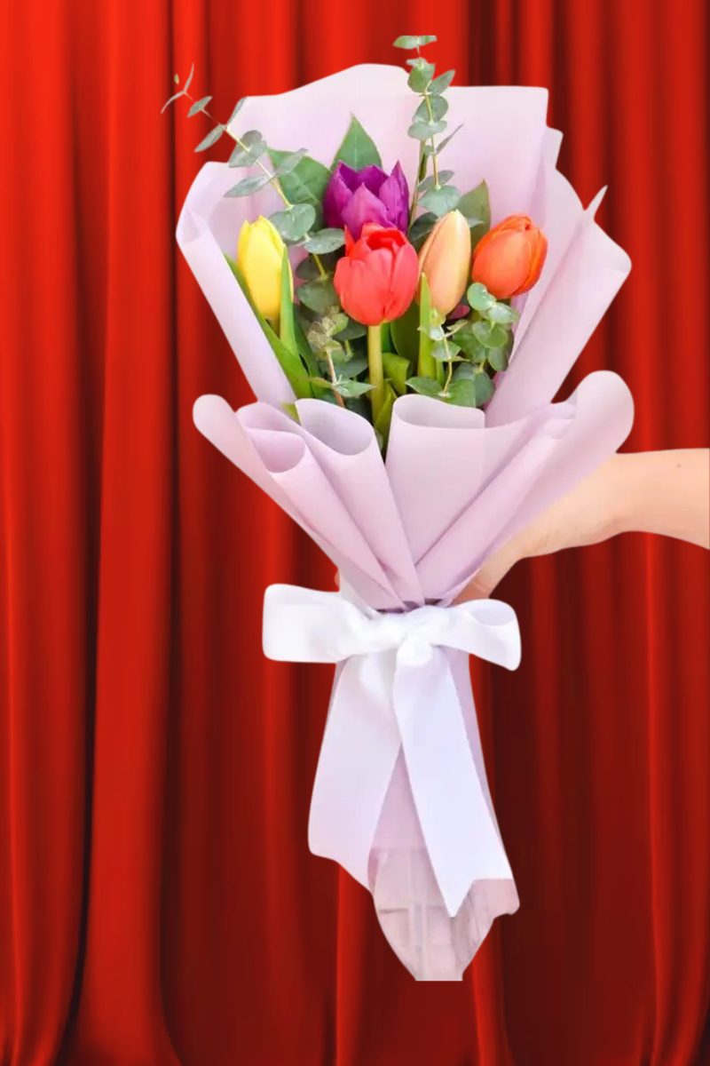 Mixed Color Tulips Bouquet with Eucalyptus