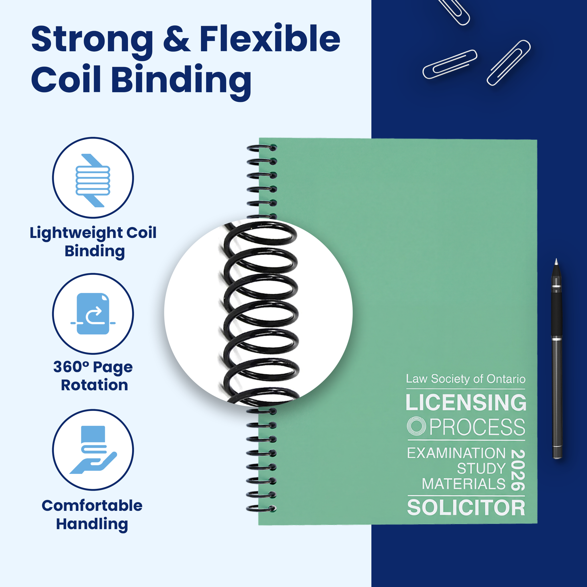 Durable coil binding that lays flat for easy use.