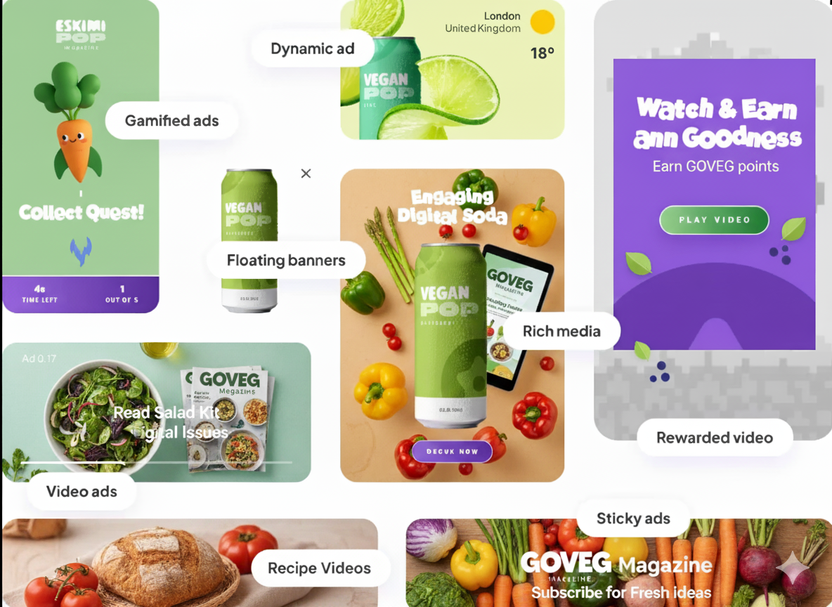 A collage of different ad formats available, including rich media, video ads, native ads, and more.