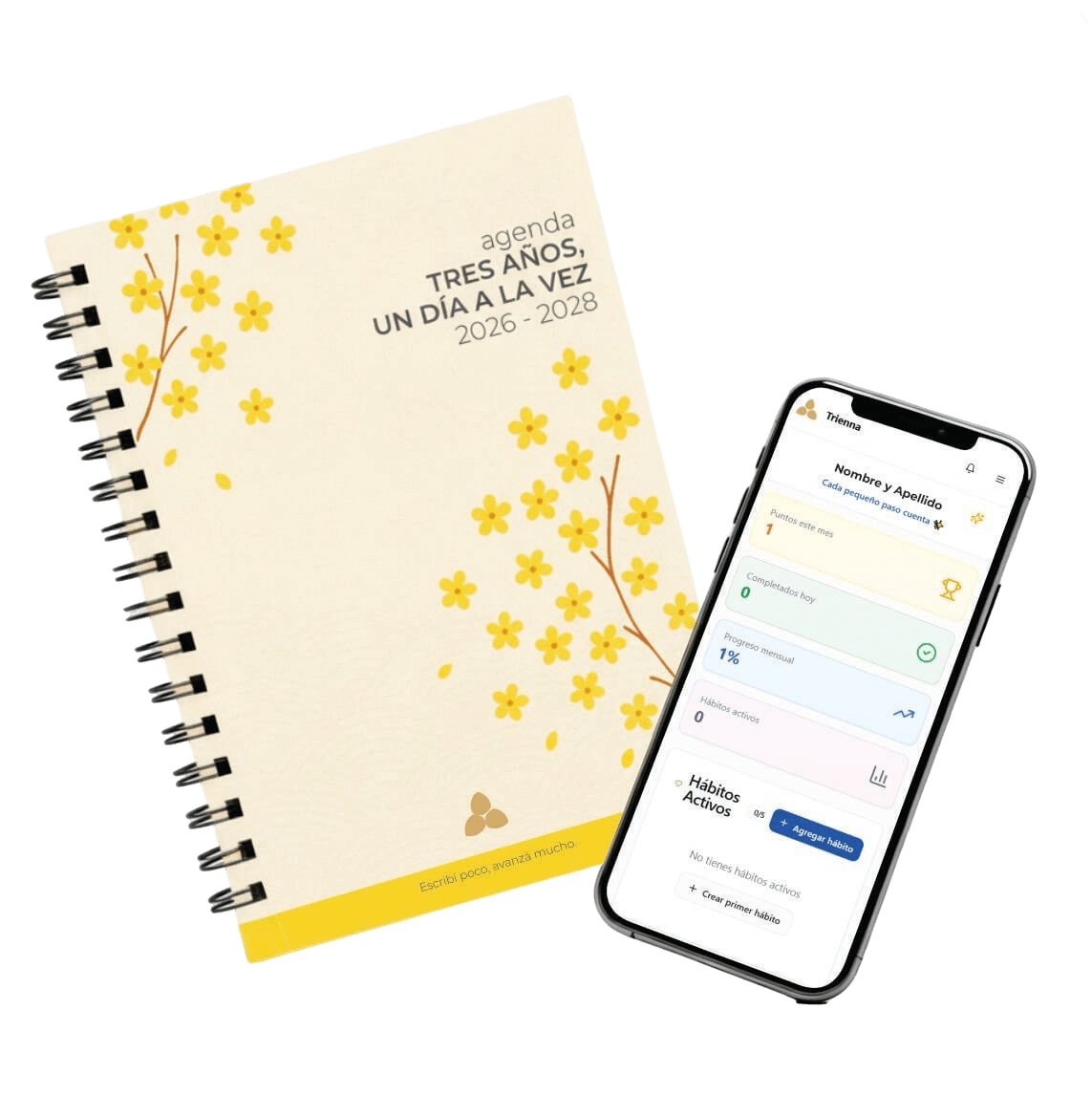 Mockup de la Agenda Trienna y la aplicación en un teléfono.
