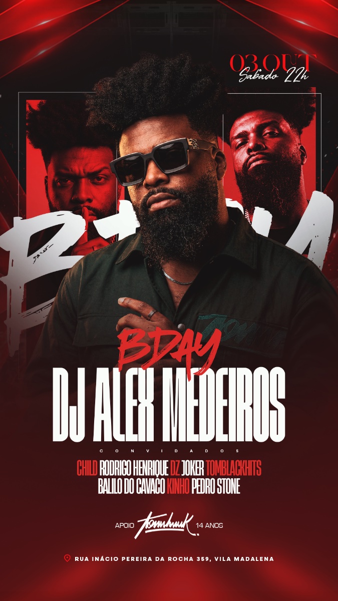 Flyer do evento Bday Dj Alex Medeiros + 14 anos de Tomahawk em São Paulo com Deejay Dj Alex Medeiros