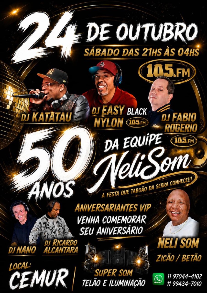 Flyer do evento 50 anos da NELISOM em São Paulo  com Deejay Dj Katatau