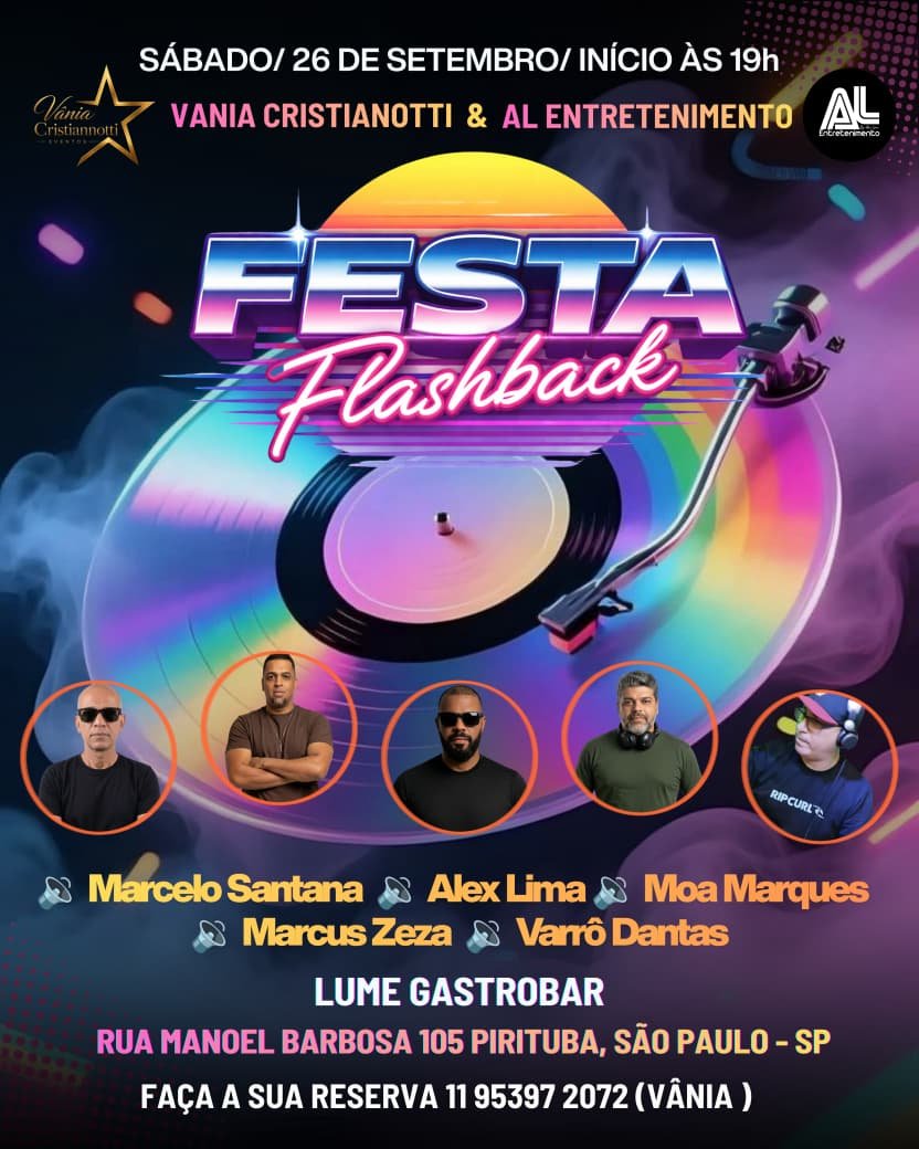 Flyer do evento Festa Flash Back em São Paulo com Deejay Alex Lima 