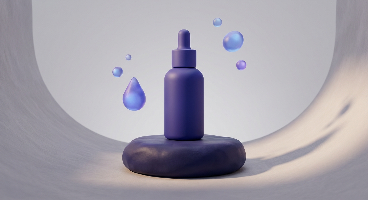 ขวดเซรั่มดีไซน์มินิมอลในสไตล์ 3D Clay โทนสีม่วง Indigo สื่อถึงการบำรุงผิวอย่างอ่อนโยน