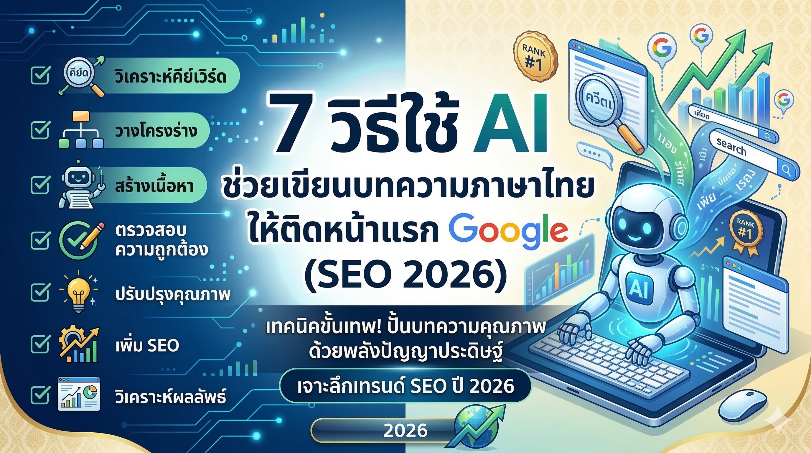 7 วิธีใช้ AI ช่วยเขียนบทความภาษาไทยให้ติดหน้าแรก Google (SEO 2026)