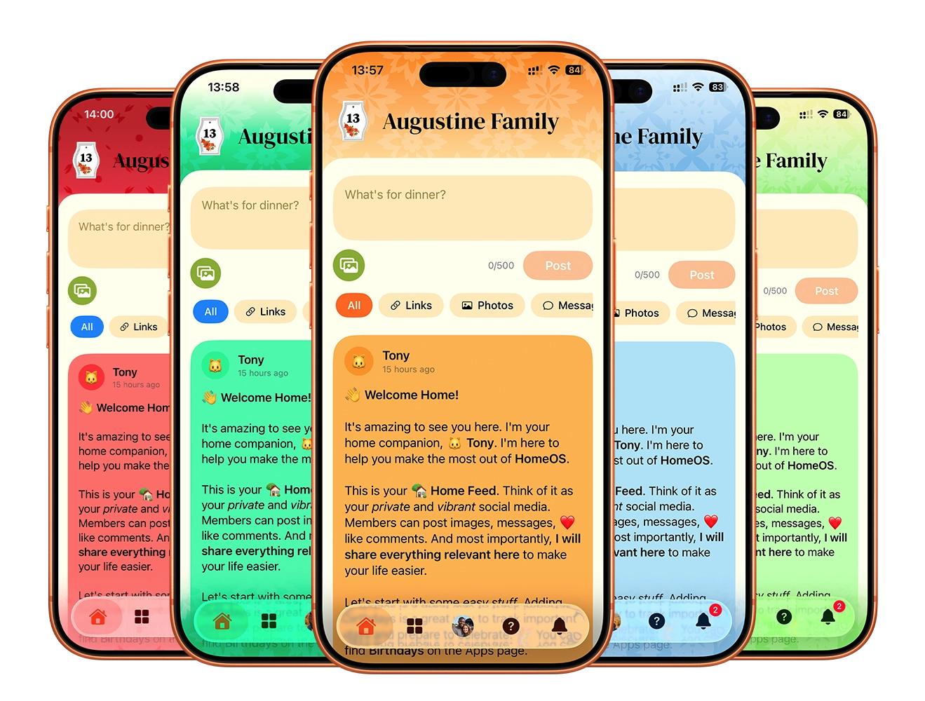 Various color themes of the HomeOS app
