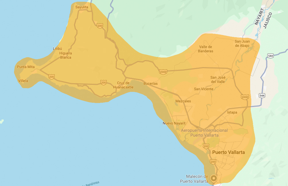 Mapa de cobertura de Pipas Tondoroque en Bahía de Banderas y Puerto Vallarta