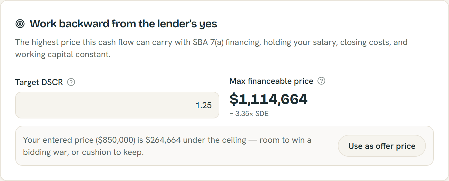 Working backward from a target DSCR to the maximum financeable price in the ShouldIRefi Deal Analyzer