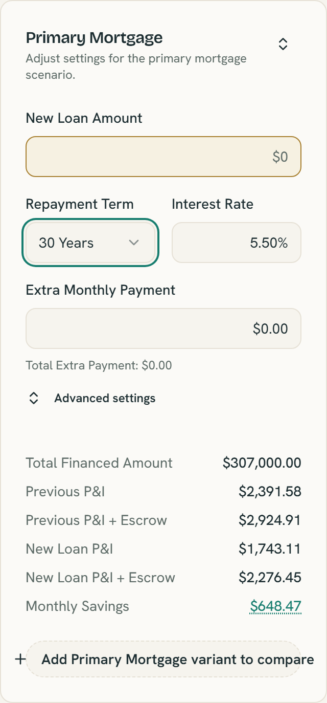 Primary Mortgage scenario settings in ShouldIRefi showing loan term, interest rate, and the resulting payment change versus the current loan