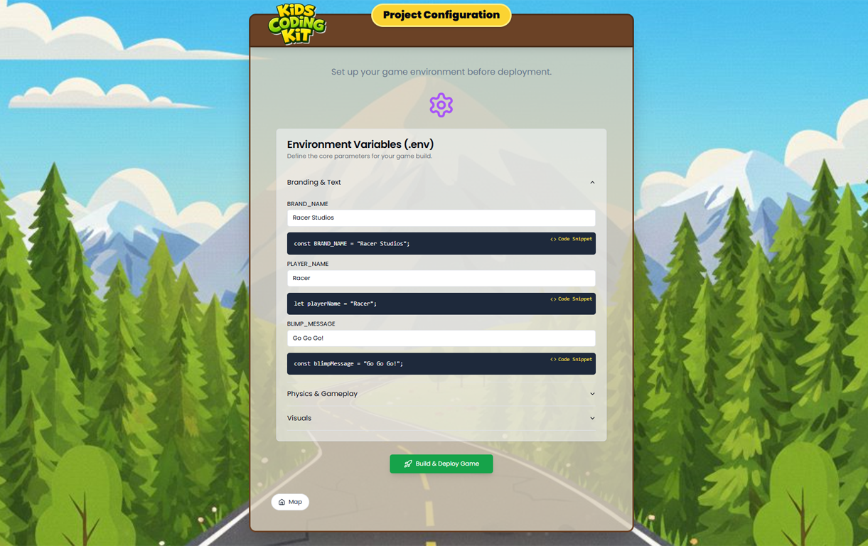 Screenshot of the game configuration screen
