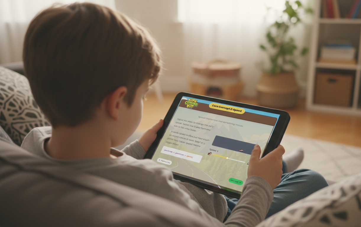 A child's hands holding a tablet displaying a colorful coding game.