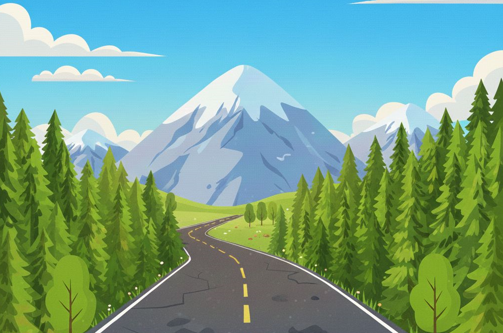 A vibrant cartoon landscape with a path leading to a castle, with hot air balloons.