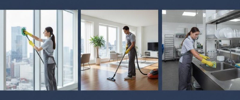 A professional cleaner in uniform wiping a glass door.