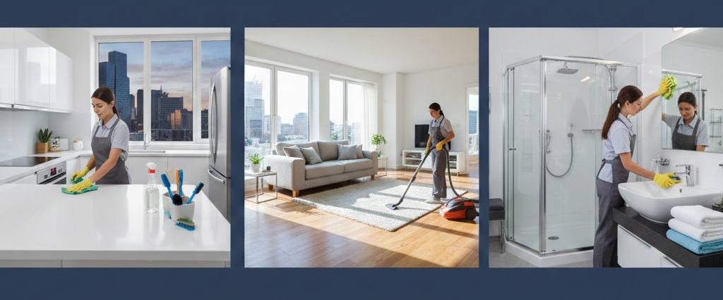 A professional cleaner vacuuming the floor in an office.