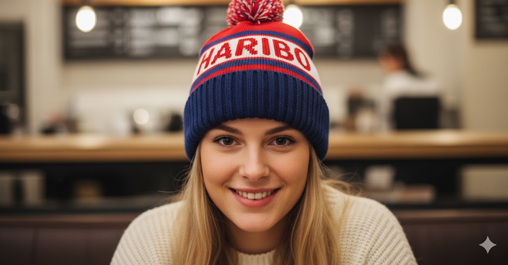 A stylish person wearing a custom beanie in a winter setting.