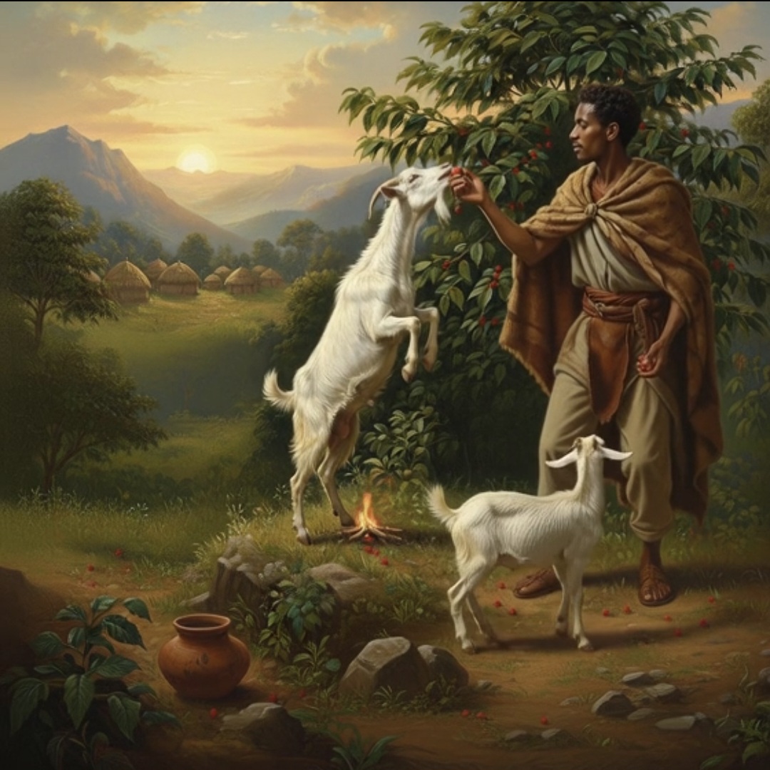 The legendary goat herder Kaldi discovering coffee beans with his goats.