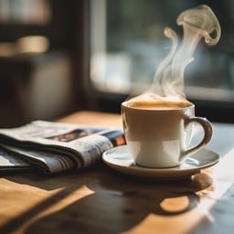 A steaming cup of black coffee on a dark wooden table.