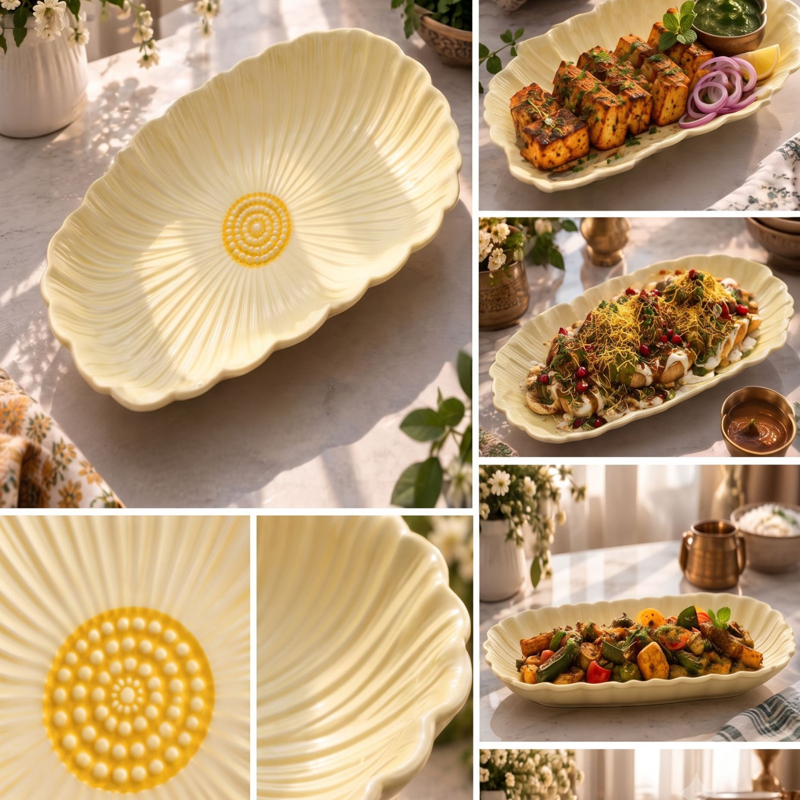 Fluted Ceramic Serving Platter with Gold Medallion 2