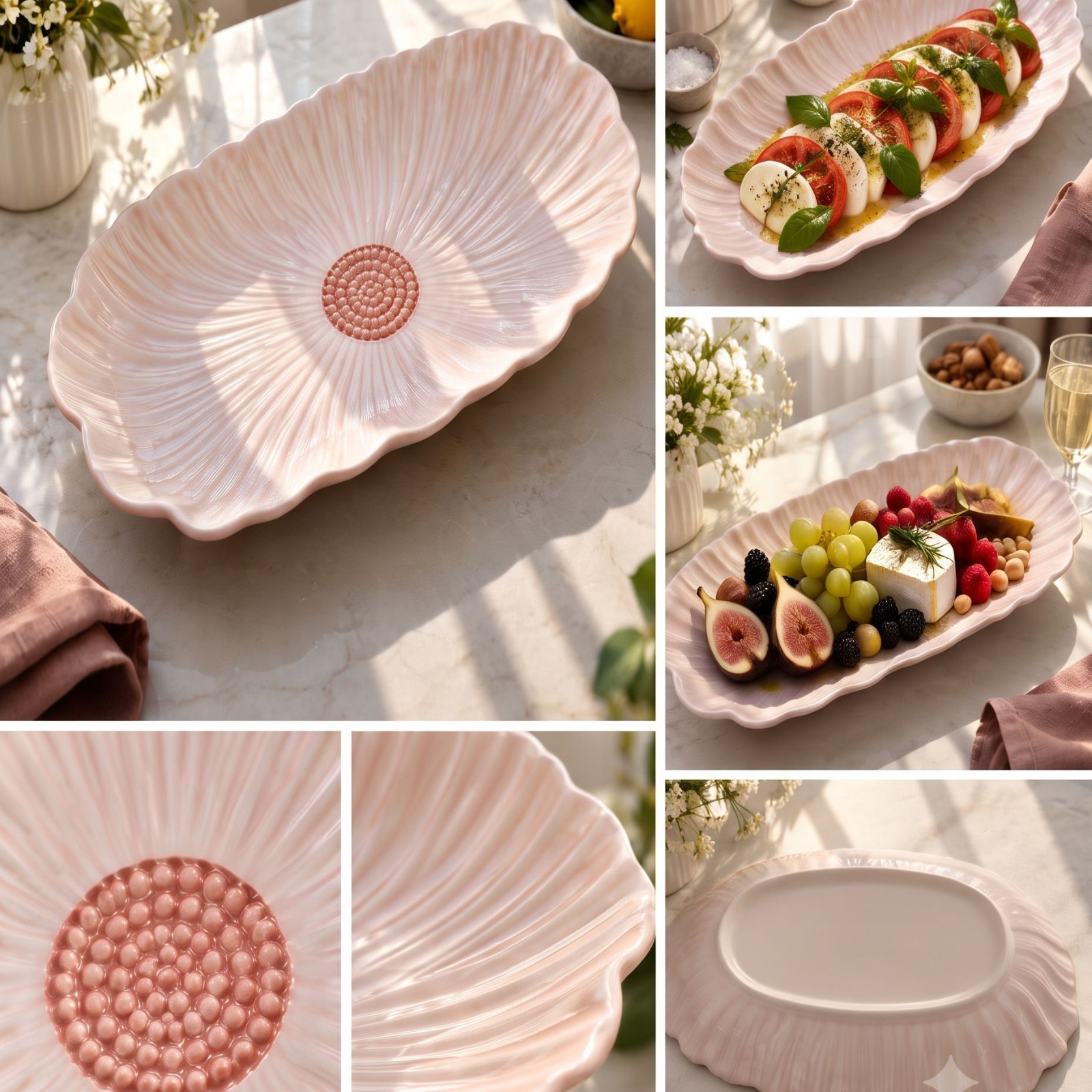 Fluted Ceramic Serving Platter with Gold Medallion 1