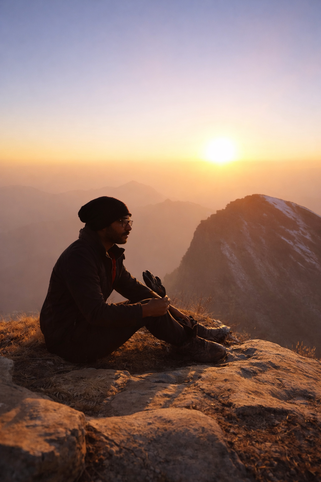 Climbers making their way up a snow-covered ridge towards the brahmatal summit.