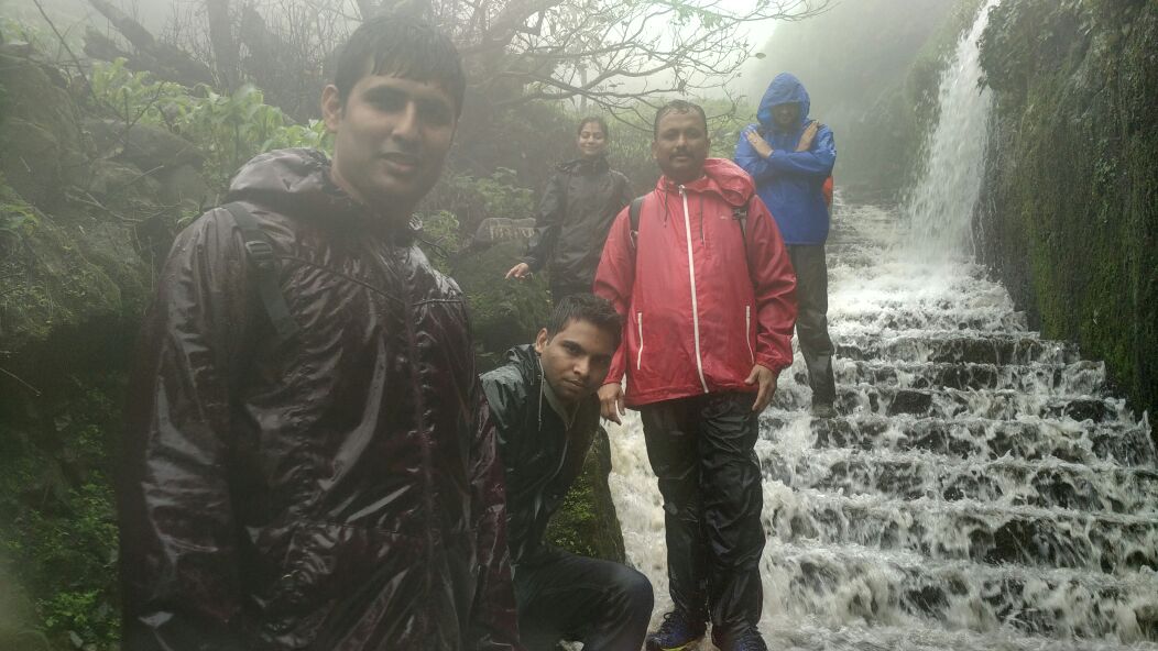 The famous waterfall trail leading up to Visapur fort during the monsoon.