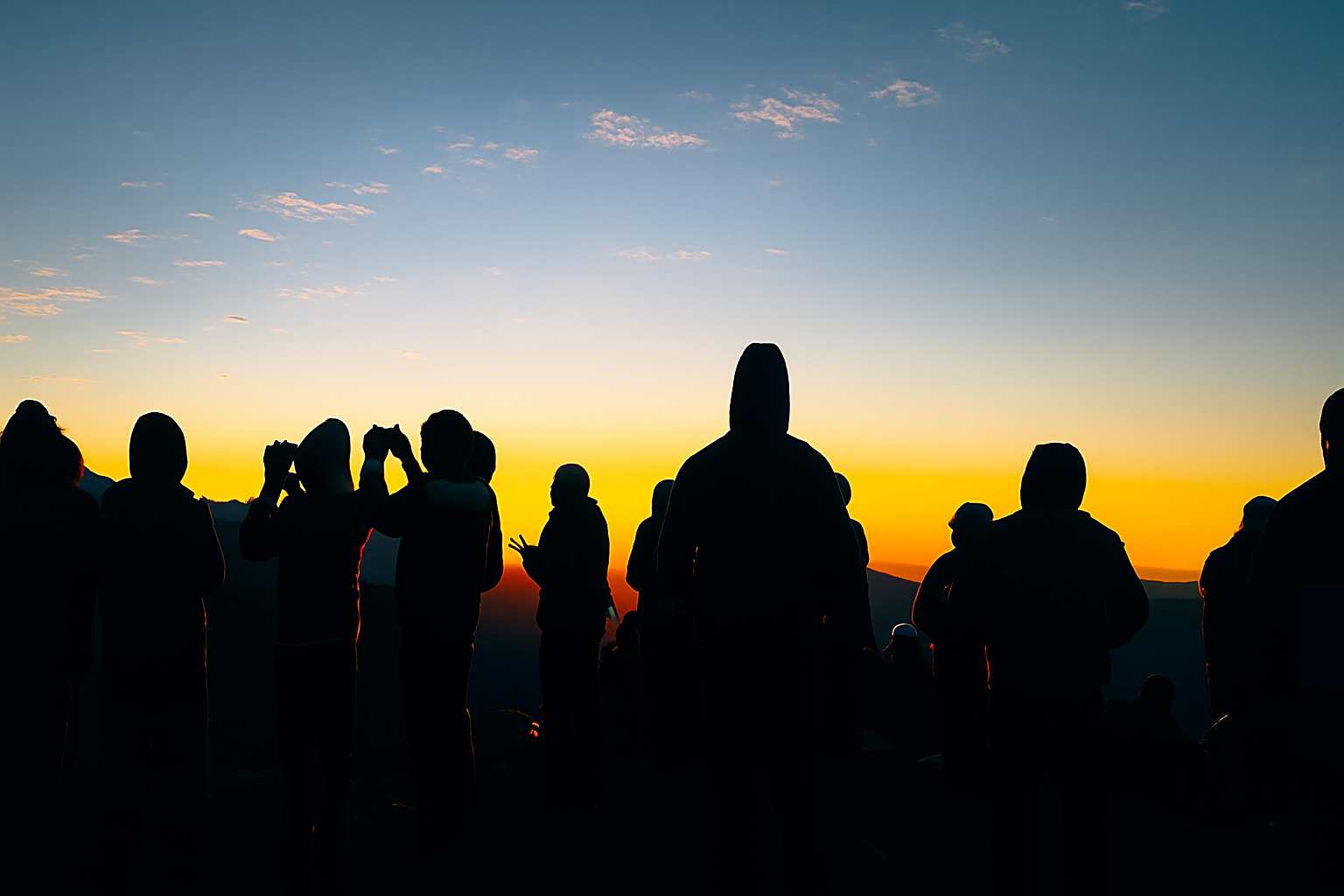 Silhouetted figures watch the sunrise together — strangers united by awe. This closing frame transforms solitude into connection, silence into communion.