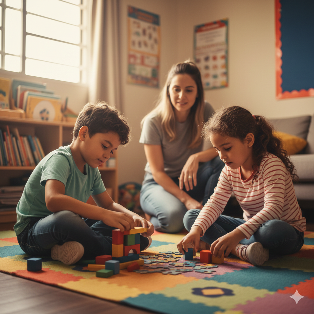 Criança se divertindo com blocos de madeira coloridos em um ambiente de aprendizado.