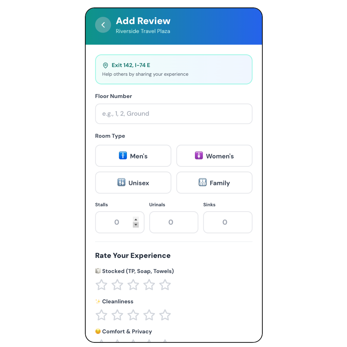App screenshot showing a restroom review.