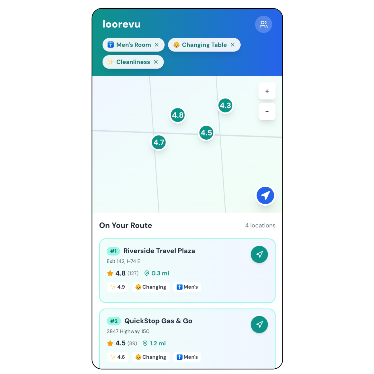 App screenshot showing the map view.