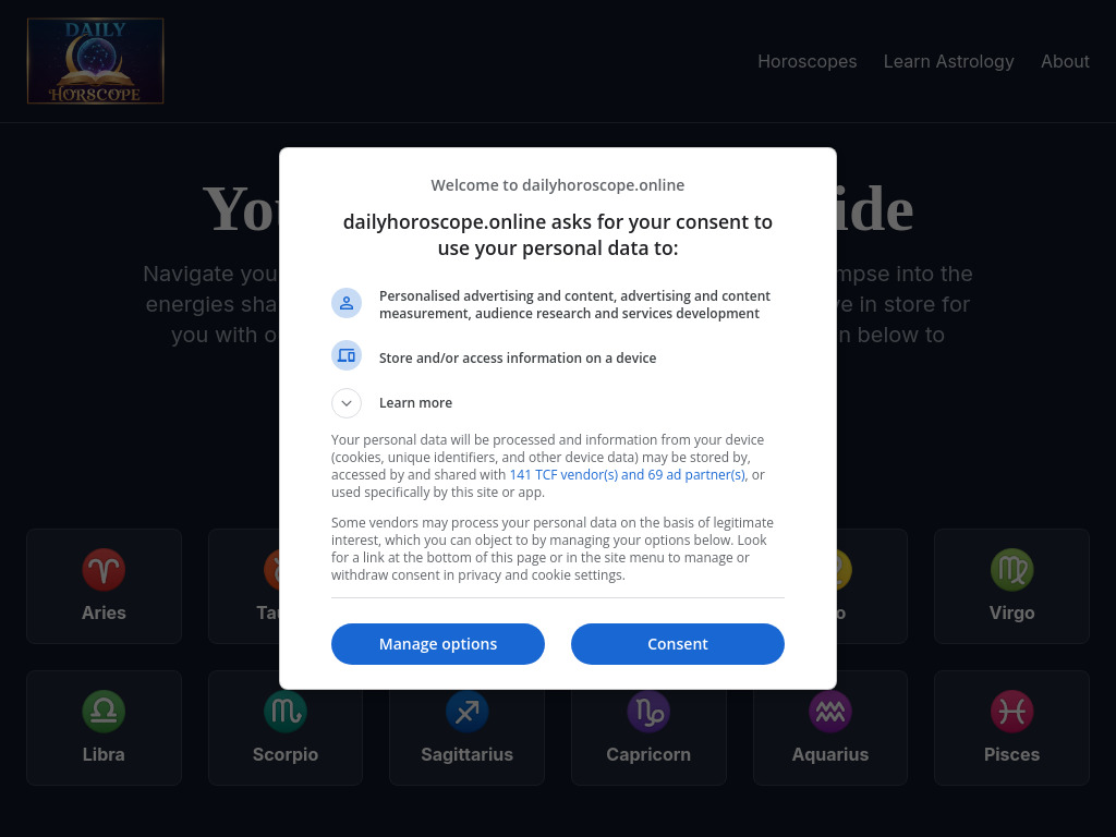 AI-powered daily horoscope platform that connects to a live astrology API to generate personalized predictions (mood, lucky color, number, compatibility).