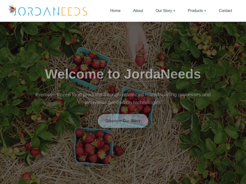 Corporate site for JordaNeeds, a Jordan-based company specializing in frozen food production, cold chain logistics, and global distribution.