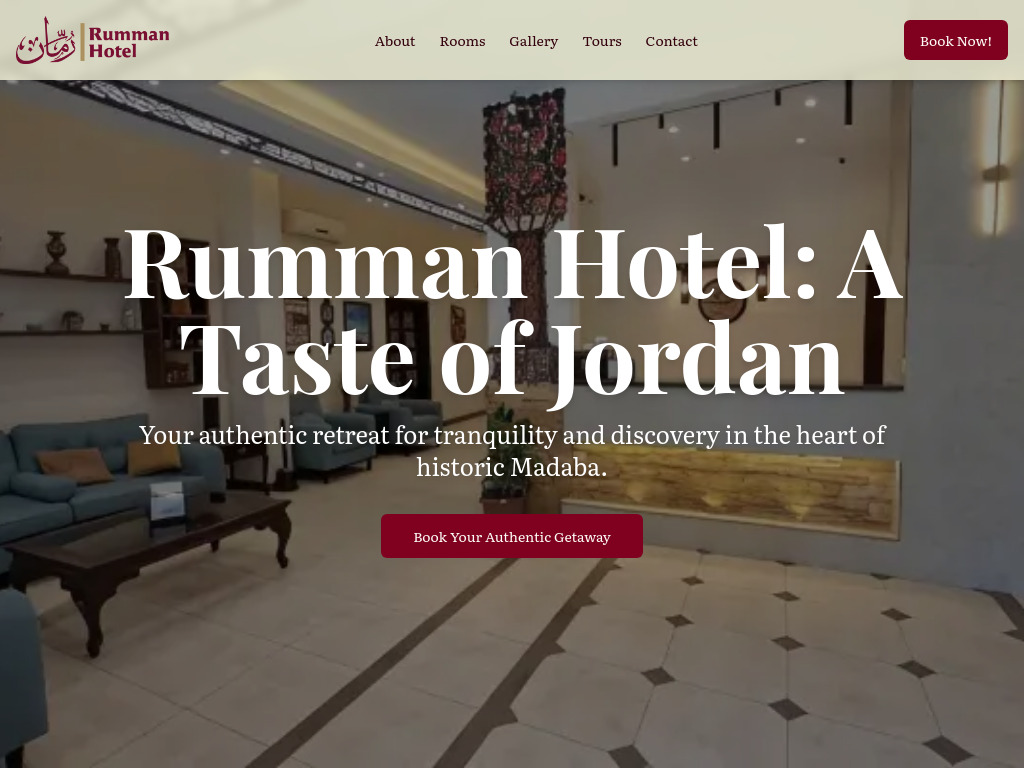 Official website of Rumman Hotel in Madaba, Jordan — highlights boutique hospitality, amenities, location, and booking.