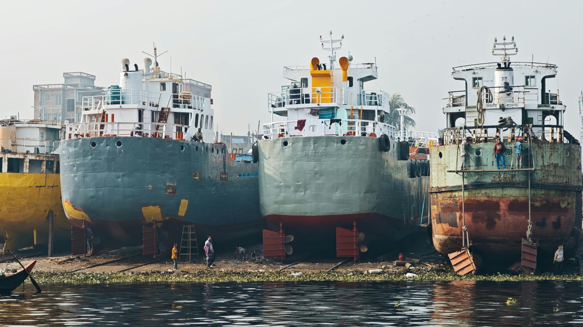 A close up view of a large container ship.