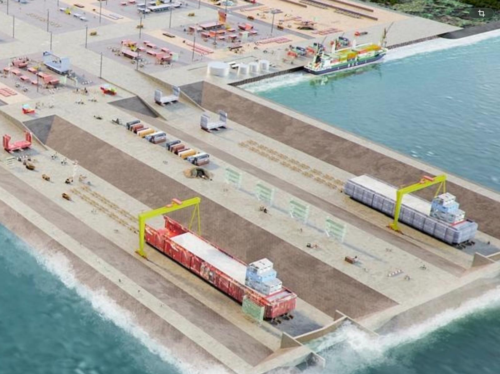 FoilDock Strategic Render 03: Wide-angle industrial overview of the shipyard deployment.