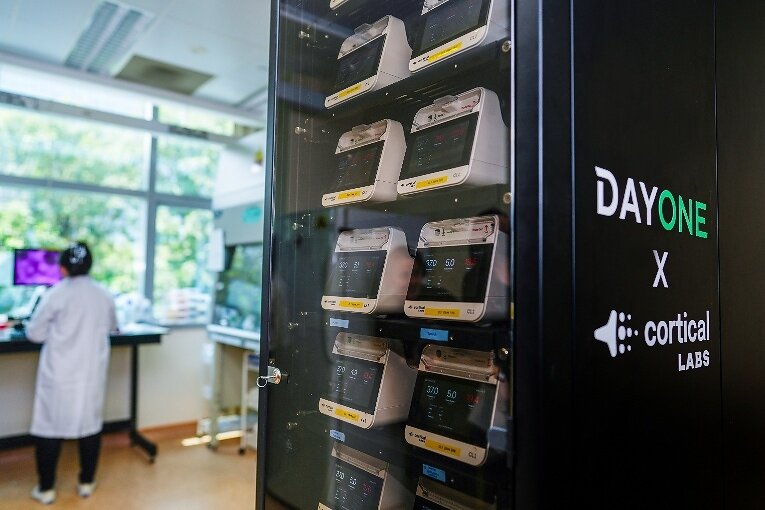 The 20-unit CL1 biological computing rack at the NUS Life Sciences Institute. Photo: DayOne / Cortical Labs (press release)