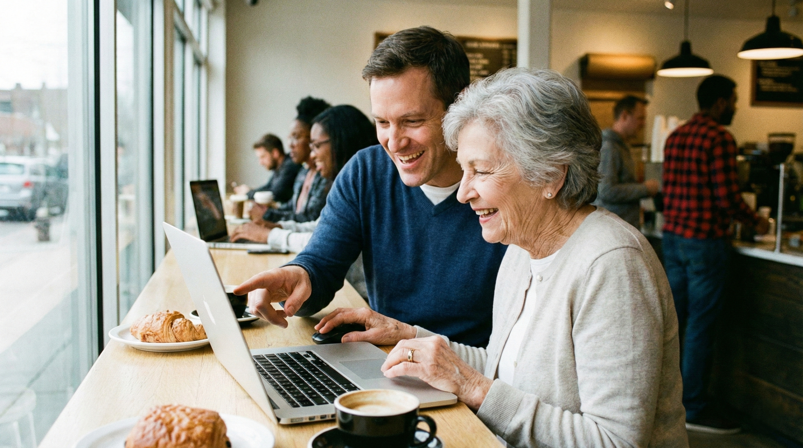 Joven ayudando a una persona mayor con una tablet