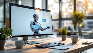 An AI chatbot conversation window open on a laptop screen, ready to assist a user.