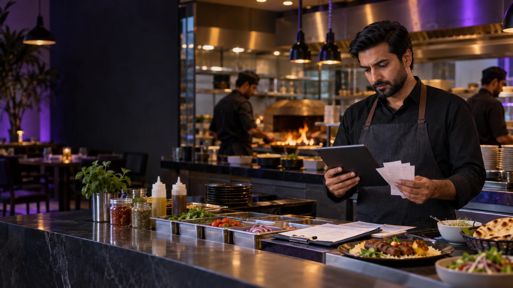 Restaurant owner reviewing receipts and inventory records on a tablet to identify restaurant profit leakage.